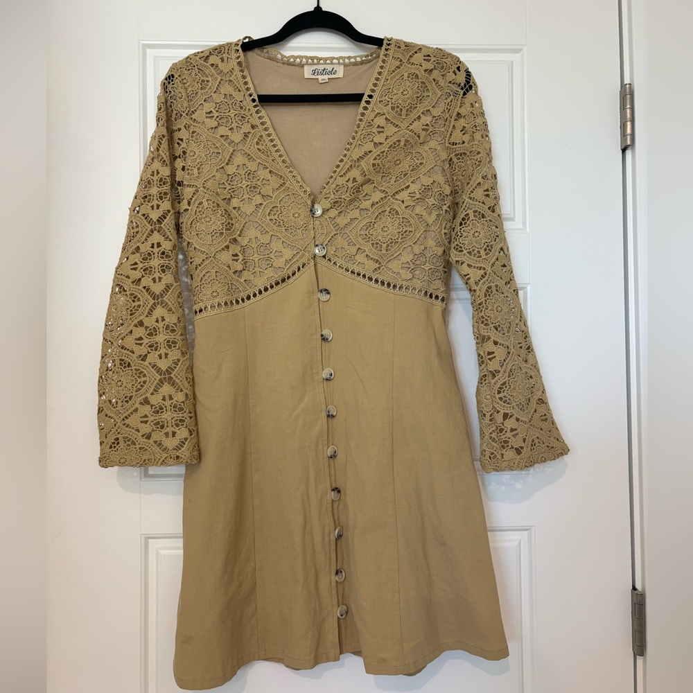 Lysticle Crocheted Button Down Mini Dress-Mustard/Tan Color Size M